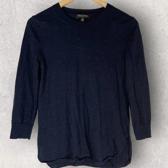 Banana Republic Women Sweater Medium Navy Blue 100% Merino Wool Thin‎ Pullover - Picture 1 of 13